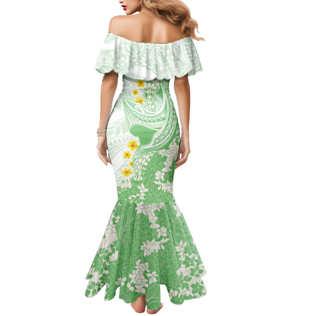 Green Hawaii Shark Tattoo Mermaid Dress Puakenikeni Lei Plumeria Polynesian Pattern LT14 - Polynesian Pride