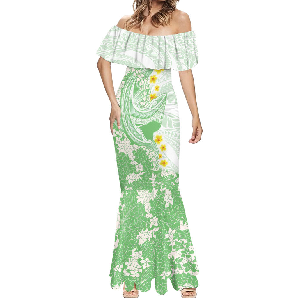 Green Hawaii Shark Tattoo Mermaid Dress Puakenikeni Lei Plumeria Polynesian Pattern LT14 - Polynesian Pride