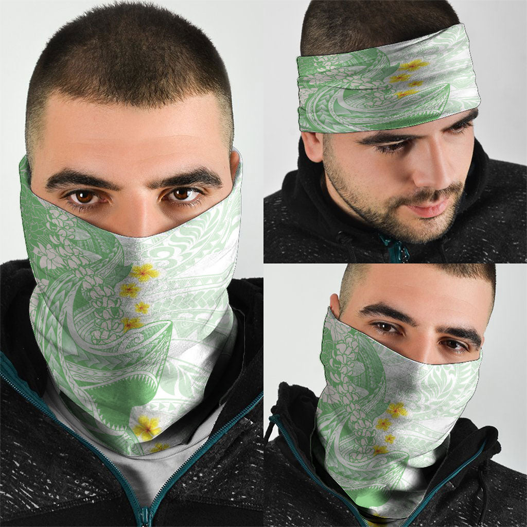 Green Hawaii Shark Tattoo Neck Gaiter Puakenikeni Lei Plumeria Polynesian Pattern