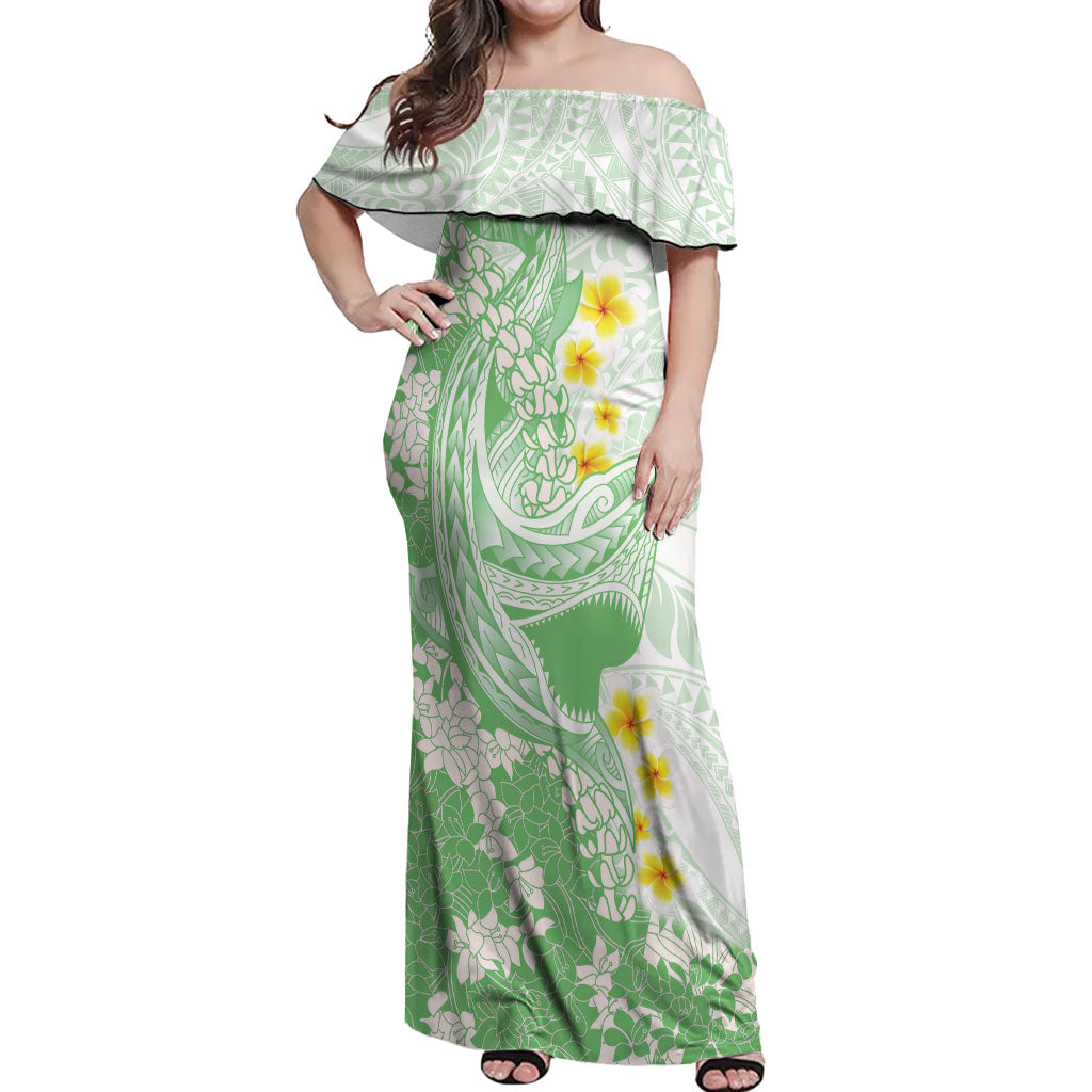 Green Hawaii Shark Tattoo Off Shoulder Maxi Dress Puakenikeni Lei Plumeria Polynesian Pattern