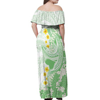 Green Hawaii Shark Tattoo Off Shoulder Maxi Dress Puakenikeni Lei Plumeria Polynesian Pattern