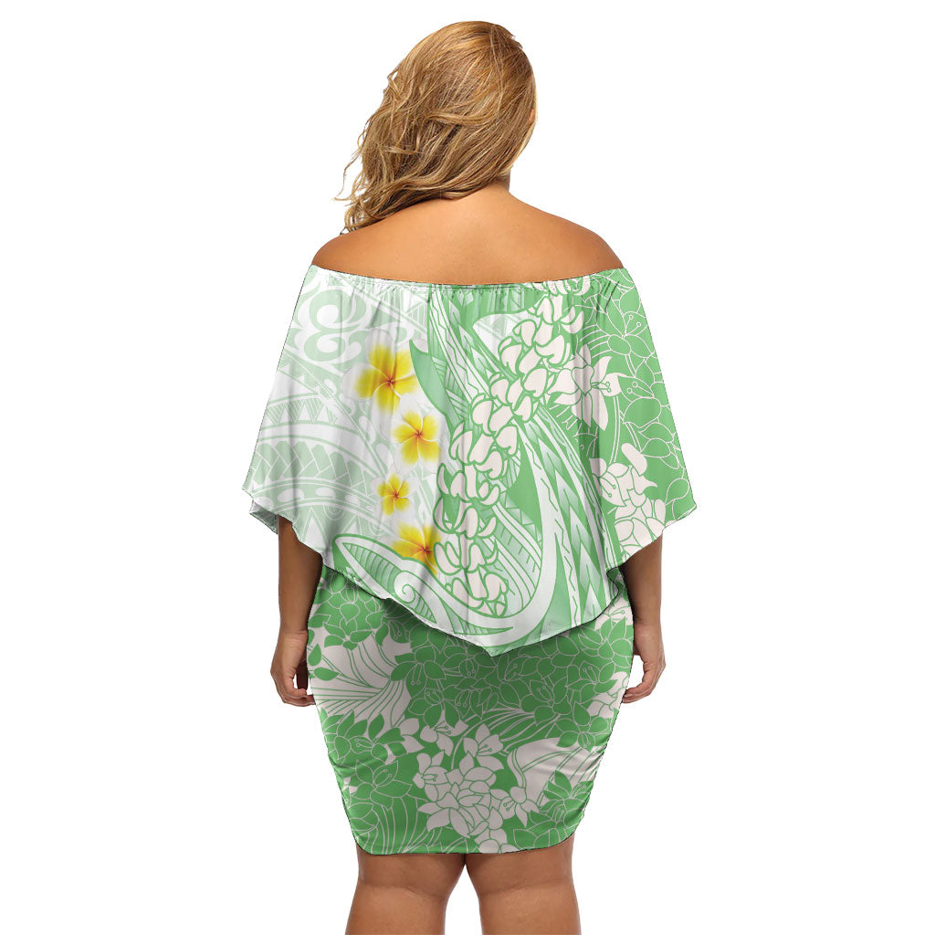 Green Hawaii Shark Tattoo Off Shoulder Short Dress Puakenikeni Lei Plumeria Polynesian Pattern