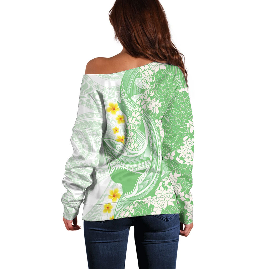Green Hawaii Shark Tattoo Off Shoulder Sweater Puakenikeni Lei Plumeria Polynesian Pattern