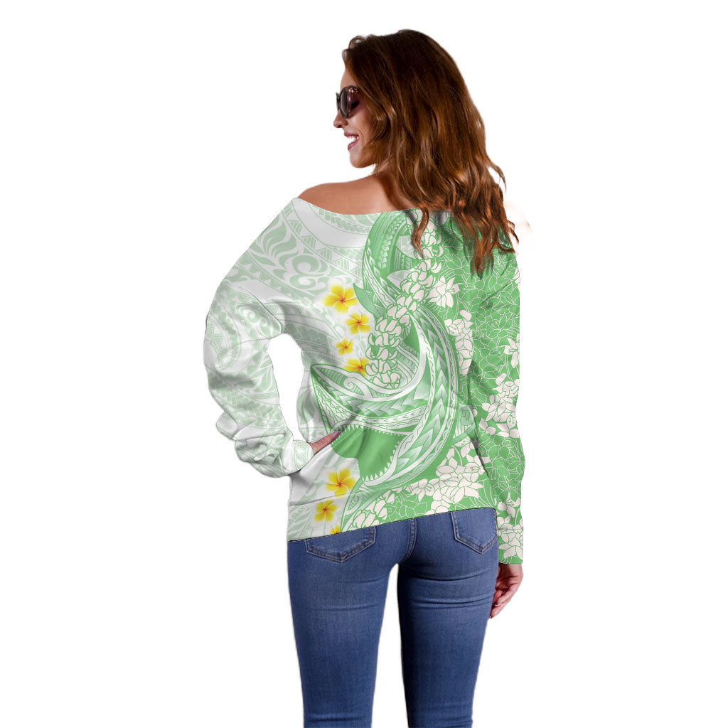 Green Hawaii Shark Tattoo Off Shoulder Sweater Puakenikeni Lei Plumeria Polynesian Pattern