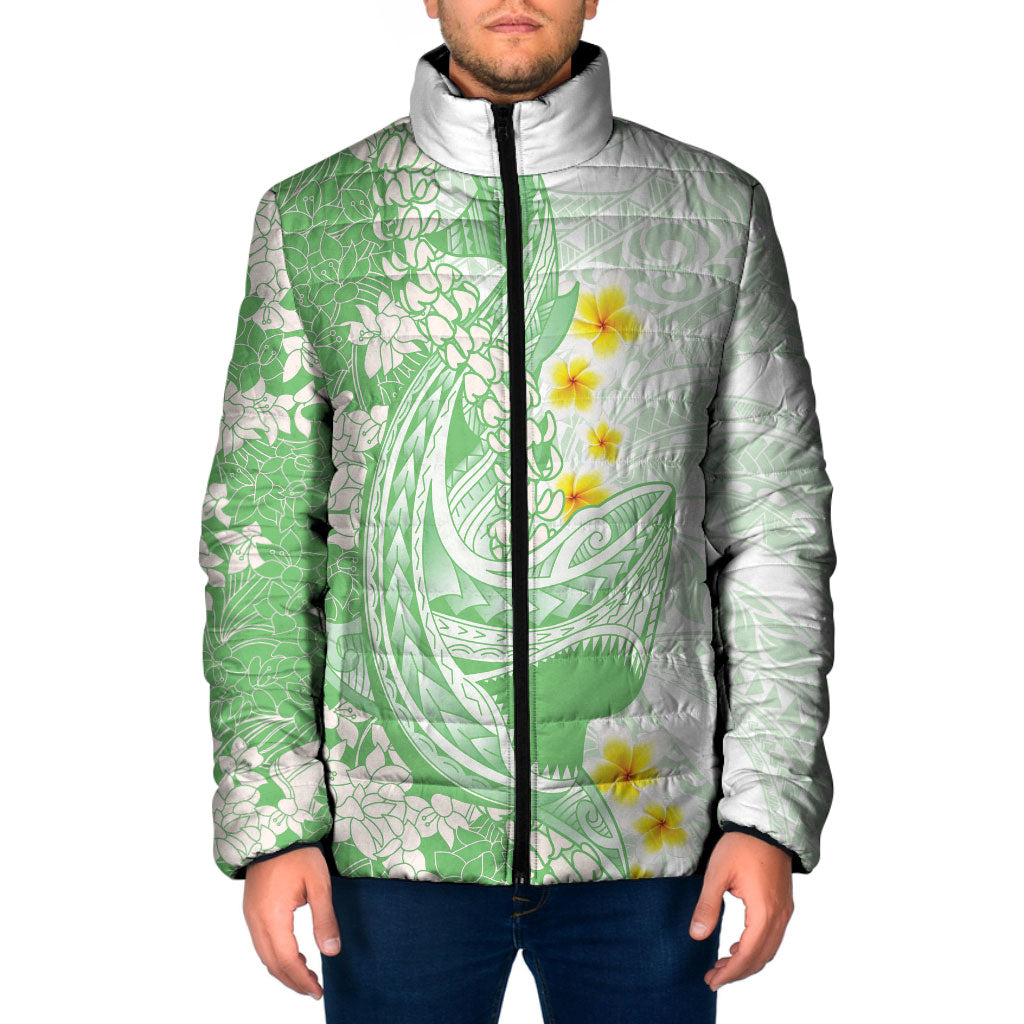 Green Hawaii Shark Tattoo Padded Jacket Puakenikeni Lei Plumeria Polynesian Pattern LT14 Men Green - Polynesian Pride