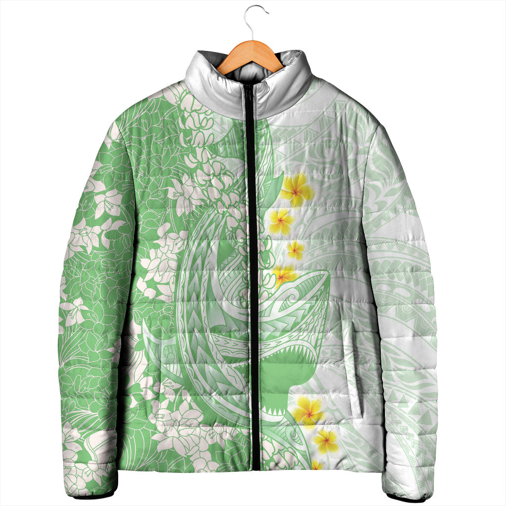 Green Hawaii Shark Tattoo Padded Jacket Puakenikeni Lei Plumeria Polynesian Pattern LT14 - Polynesian Pride
