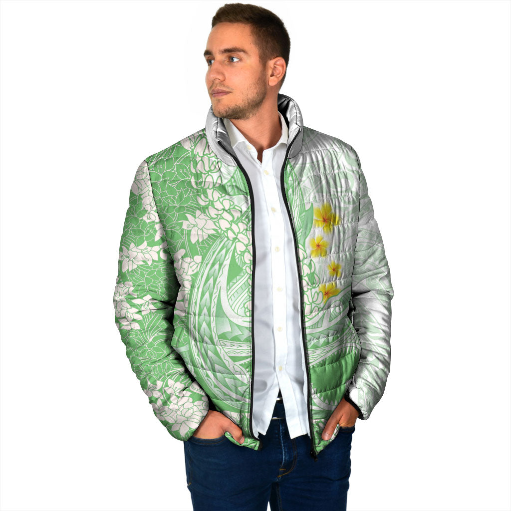 Green Hawaii Shark Tattoo Padded Jacket Puakenikeni Lei Plumeria Polynesian Pattern LT14 - Polynesian Pride