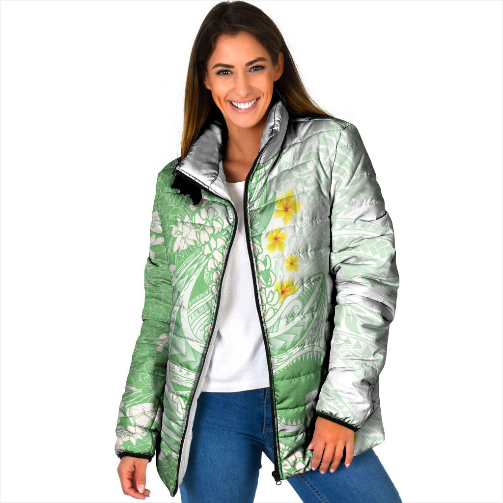 Green Hawaii Shark Tattoo Padded Jacket Puakenikeni Lei Plumeria Polynesian Pattern LT14 Women Green - Polynesian Pride