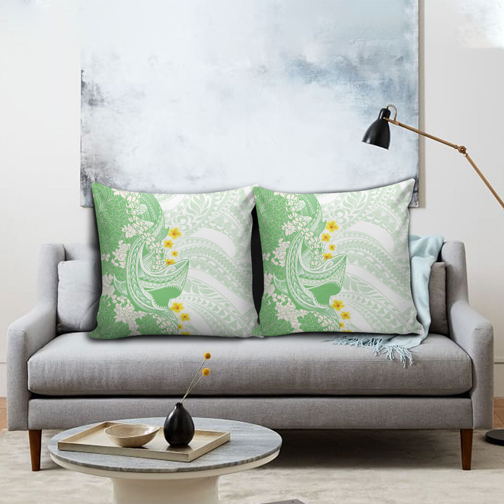 Green Hawaii Shark Tattoo Pillow Cover Puakenikeni Lei Plumeria Polynesian Pattern