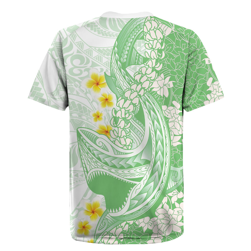 Green Hawaii Shark Tattoo Rugby Jersey Puakenikeni Lei Plumeria Polynesian Pattern