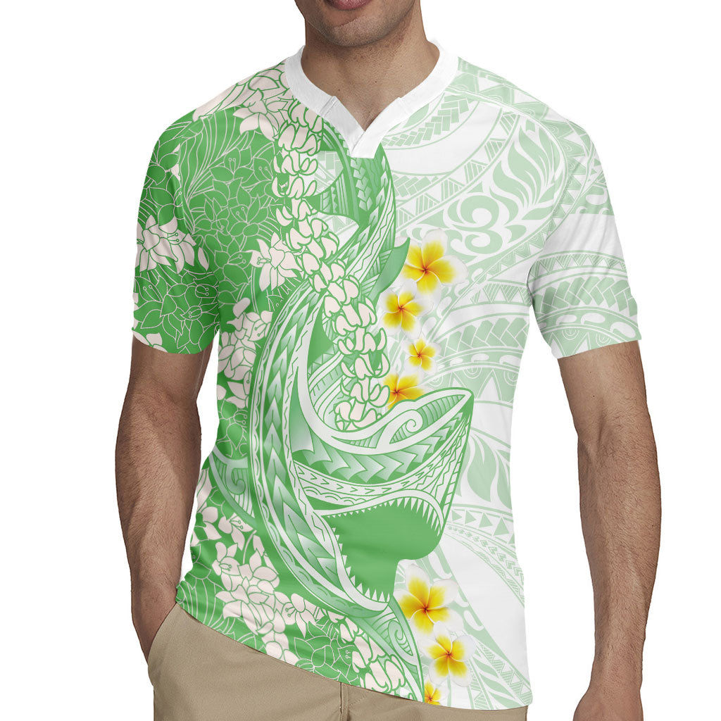Green Hawaii Shark Tattoo Rugby Jersey Puakenikeni Lei Plumeria Polynesian Pattern