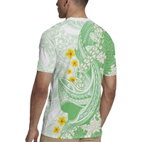 Green Hawaii Shark Tattoo Rugby Jersey Puakenikeni Lei Plumeria Polynesian Pattern