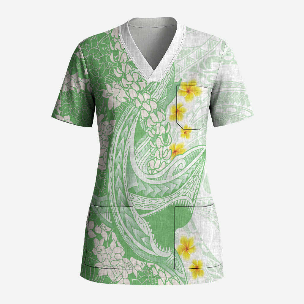 Green Hawaii Shark Tattoo Scrub Top Puakenikeni Lei Plumeria Polynesian Pattern