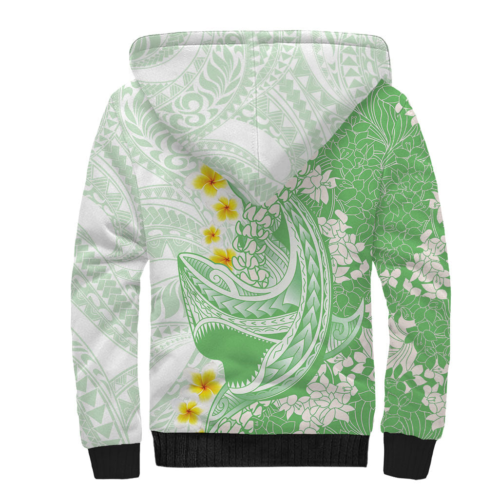 Green Hawaii Shark Tattoo Sherpa Hoodie Puakenikeni Lei Plumeria Polynesian Pattern