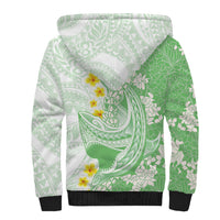 Green Hawaii Shark Tattoo Sherpa Hoodie Puakenikeni Lei Plumeria Polynesian Pattern