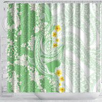 Green Hawaii Shark Tattoo Shower Curtain Puakenikeni Lei Plumeria Polynesian Pattern