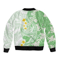 Green Hawaii Shark Tattoo Sleeve Zip Bomber Jacket Puakenikeni Lei Plumeria Polynesian Pattern