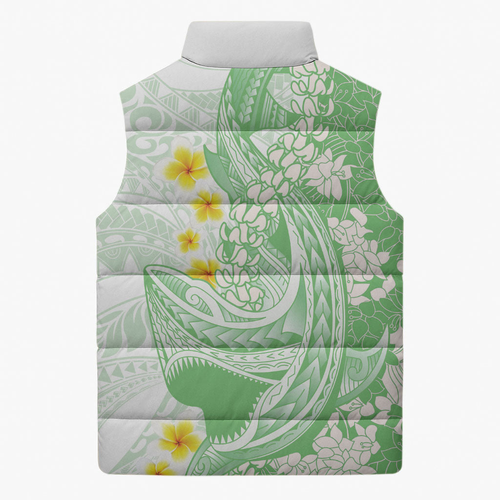 Green Hawaii Shark Tattoo Sleeveless Puffer Jacket Puakenikeni Lei Plumeria Polynesian Pattern
