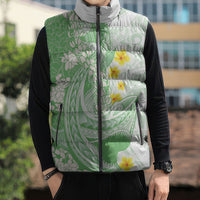 Green Hawaii Shark Tattoo Sleeveless Puffer Jacket Puakenikeni Lei Plumeria Polynesian Pattern