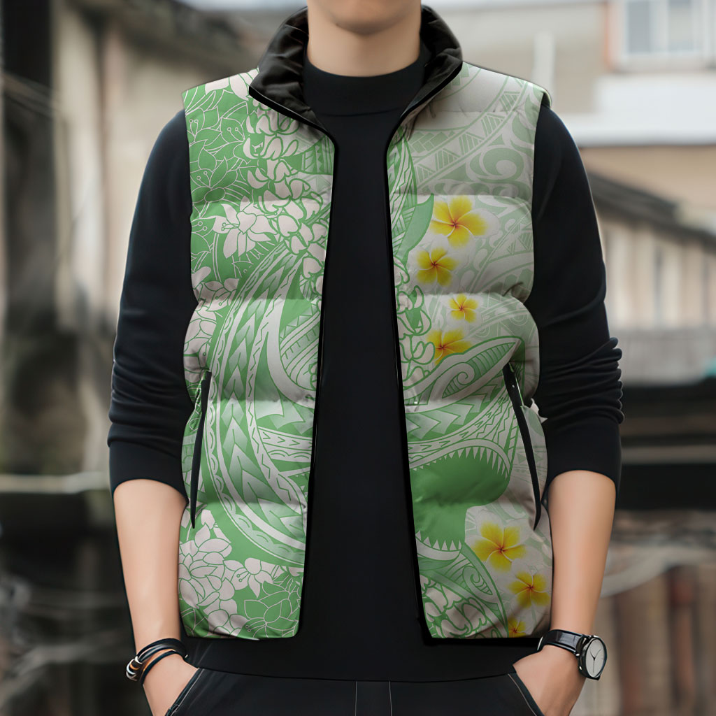 Green Hawaii Shark Tattoo Sleeveless Puffer Jacket Puakenikeni Lei Plumeria Polynesian Pattern