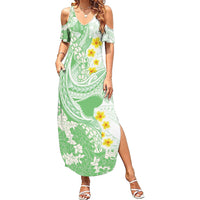 Green Hawaii Shark Tattoo Summer Maxi Dress Puakenikeni Lei Plumeria Polynesian Pattern