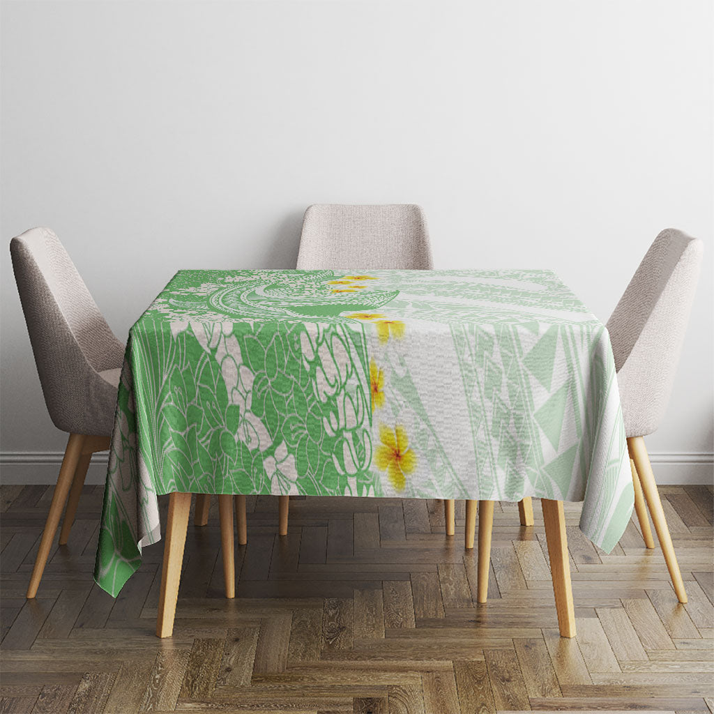 Green Hawaii Shark Tattoo Tablecloth Puakenikeni Lei Plumeria Polynesian Pattern