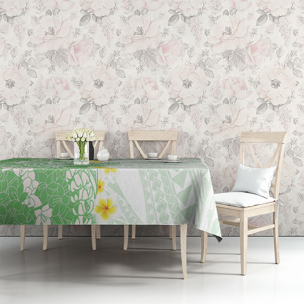 Green Hawaii Shark Tattoo Tablecloth Puakenikeni Lei Plumeria Polynesian Pattern