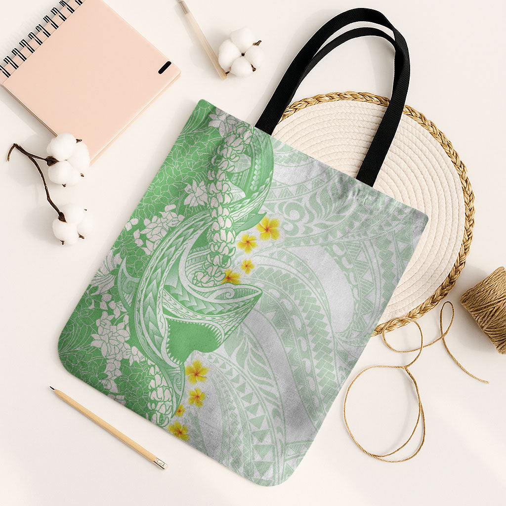 Green Hawaii Shark Tattoo Tote Bag Puakenikeni Lei Plumeria Polynesian Pattern