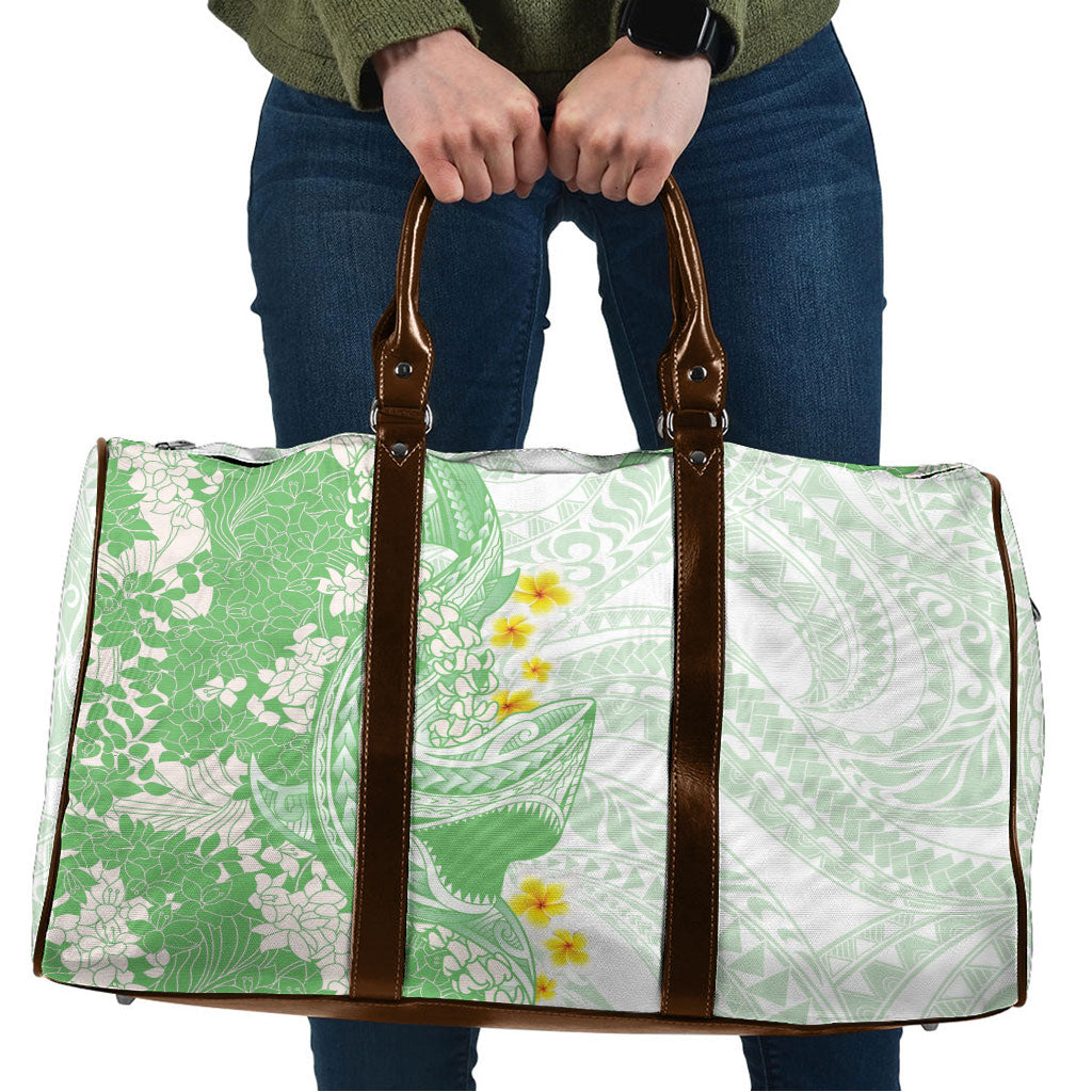 Green Hawaii Shark Tattoo Travel Bag Puakenikeni Lei Plumeria Polynesian Pattern