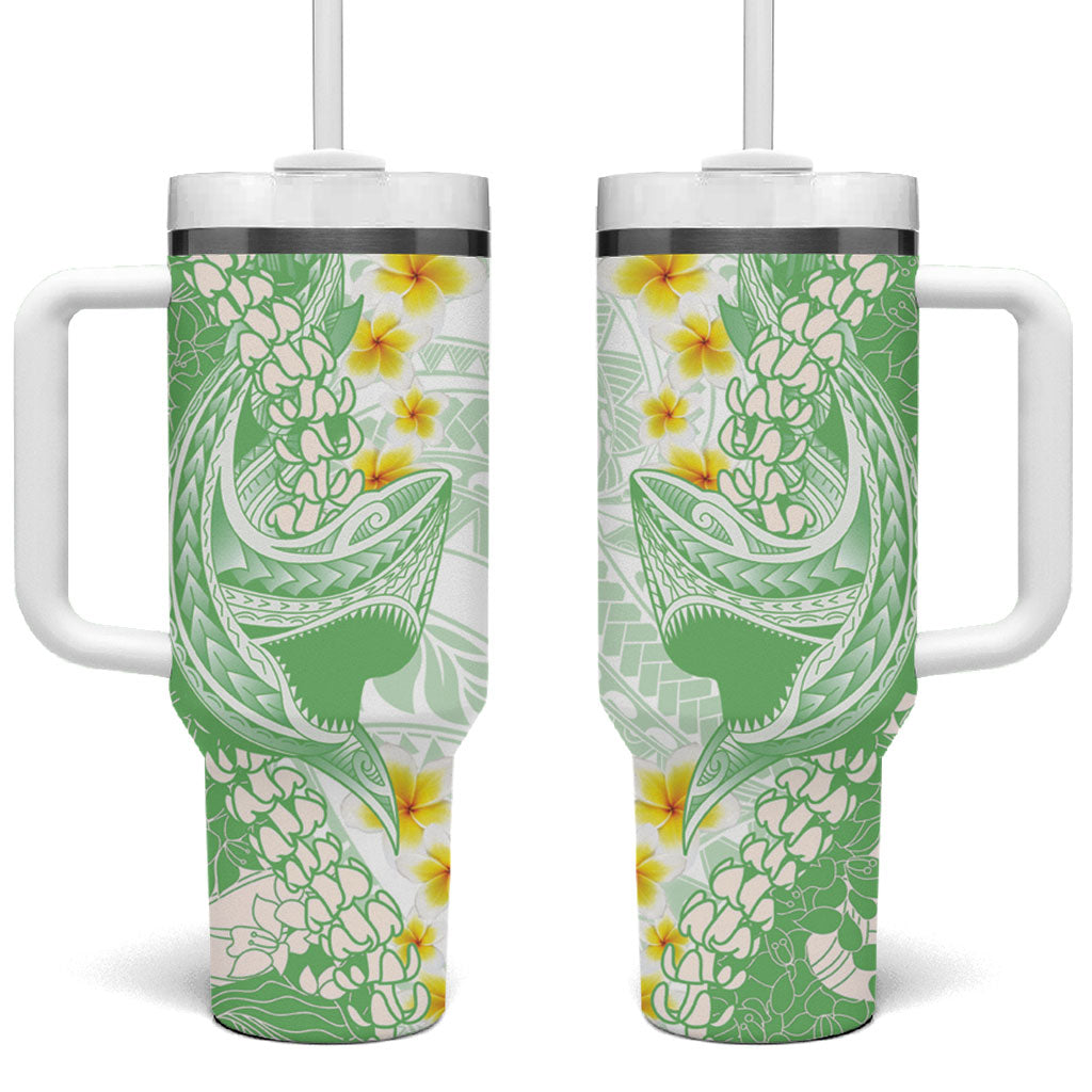 Green Hawaii Shark Tattoo Tumbler With Handle Puakenikeni Lei Plumeria Polynesian Pattern