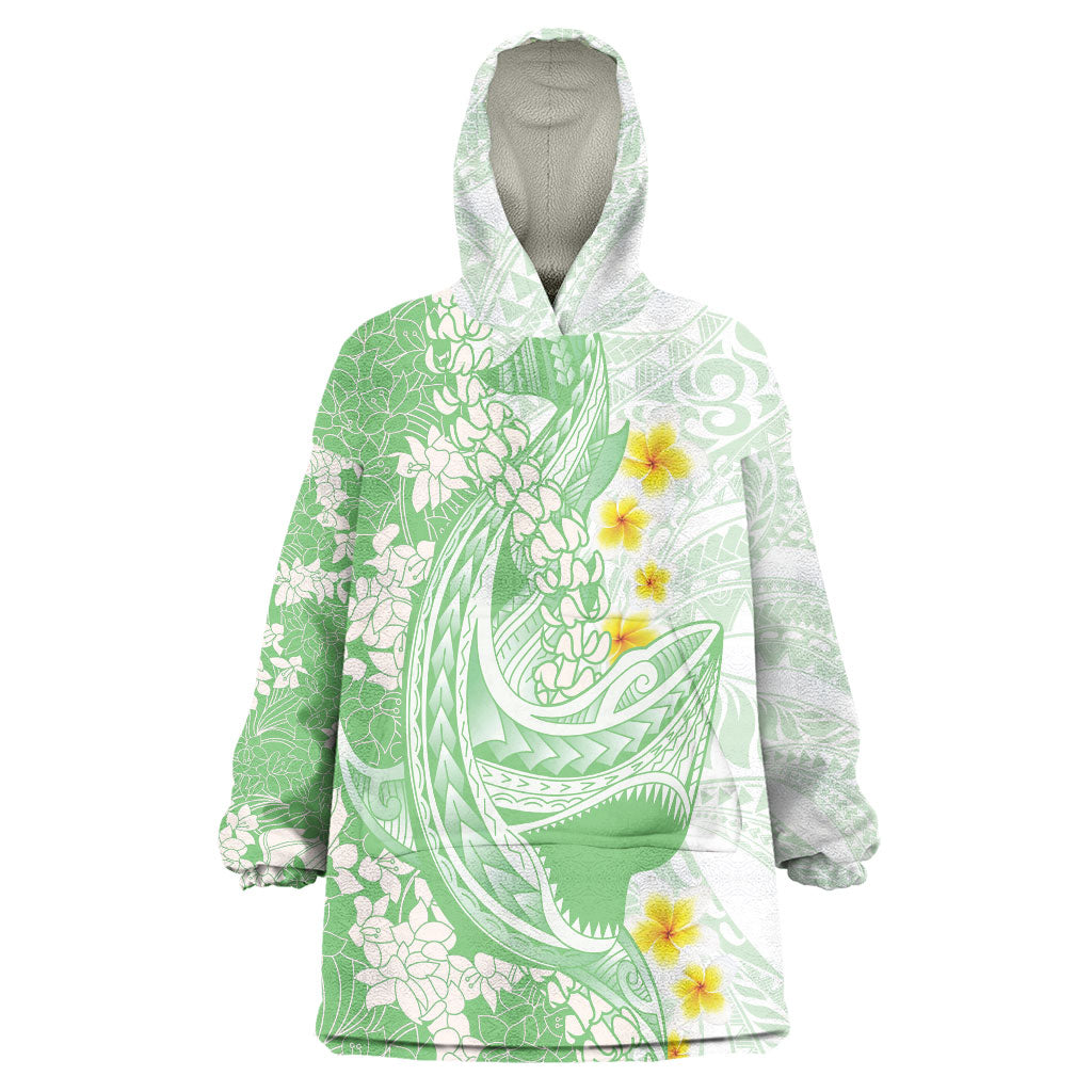 Green Hawaii Shark Tattoo Wearable Blanket Hoodie Puakenikeni Lei Plumeria Polynesian Pattern