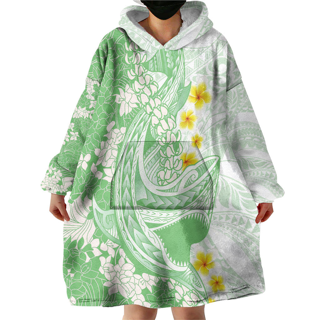 Green Hawaii Shark Tattoo Wearable Blanket Hoodie Puakenikeni Lei Plumeria Polynesian Pattern