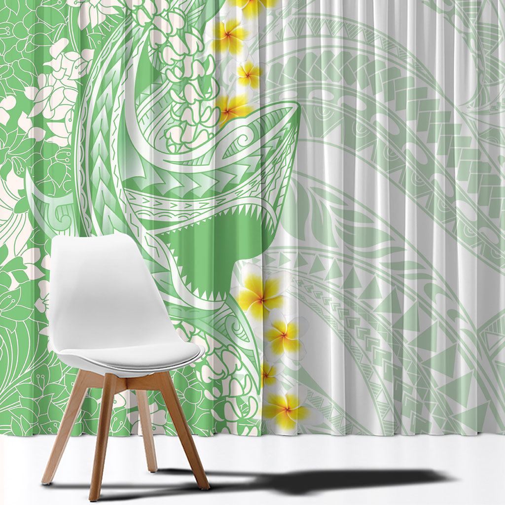 Green Hawaii Shark Tattoo Window Curtain Puakenikeni Lei Plumeria Polynesian Pattern