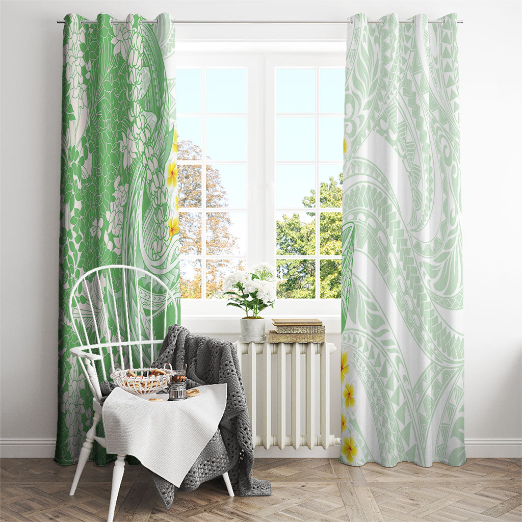Green Hawaii Shark Tattoo Window Curtain Puakenikeni Lei Plumeria Polynesian Pattern