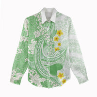 Green Hawaii Shark Tattoo Women Casual Shirt Puakenikeni Lei Plumeria Polynesian Pattern