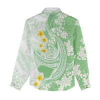 Green Hawaii Shark Tattoo Women Casual Shirt Puakenikeni Lei Plumeria Polynesian Pattern