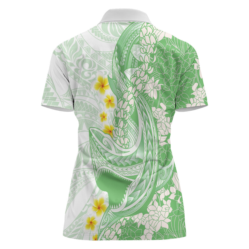 Green Hawaii Shark Tattoo Women Polo Shirt Puakenikeni Lei Plumeria Polynesian Pattern