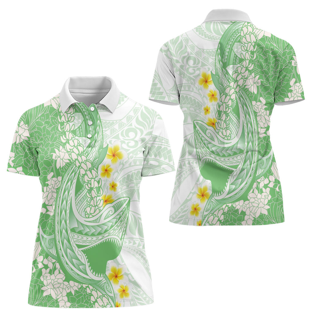 Green Hawaii Shark Tattoo Women Polo Shirt Puakenikeni Lei Plumeria Polynesian Pattern