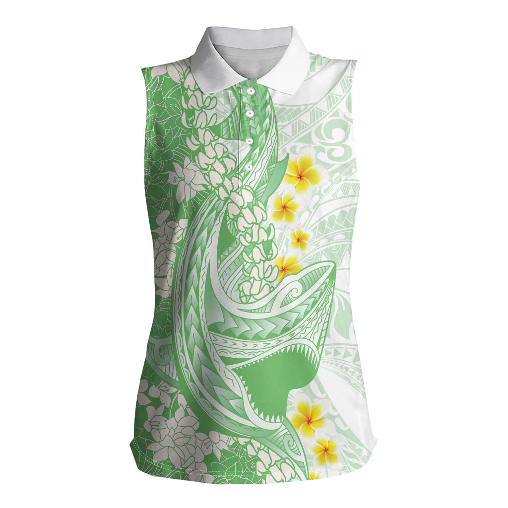 Green Hawaii Shark Tattoo Women Sleeveless Polo Shirt Puakenikeni Lei Plumeria Polynesian Pattern