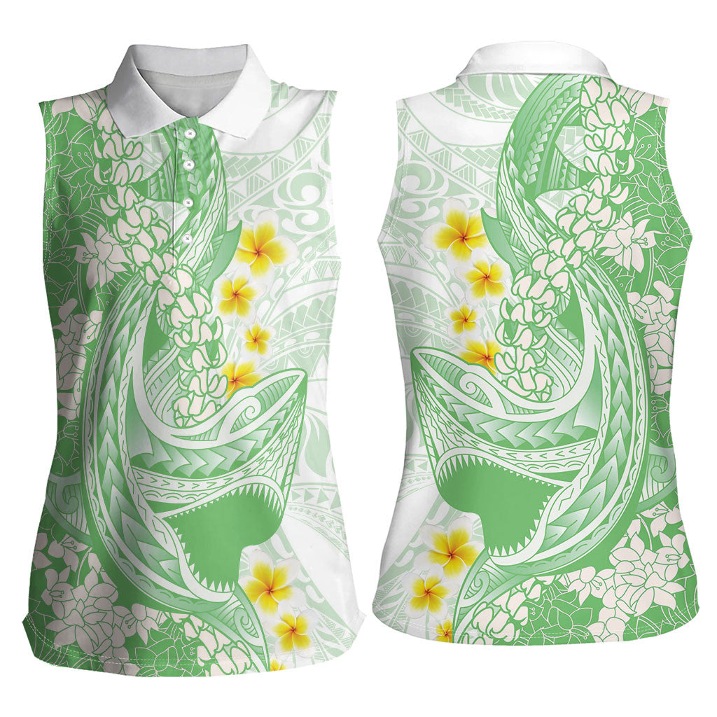 Green Hawaii Shark Tattoo Women Sleeveless Polo Shirt Puakenikeni Lei Plumeria Polynesian Pattern