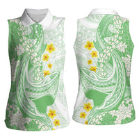 Green Hawaii Shark Tattoo Women Sleeveless Polo Shirt Puakenikeni Lei Plumeria Polynesian Pattern