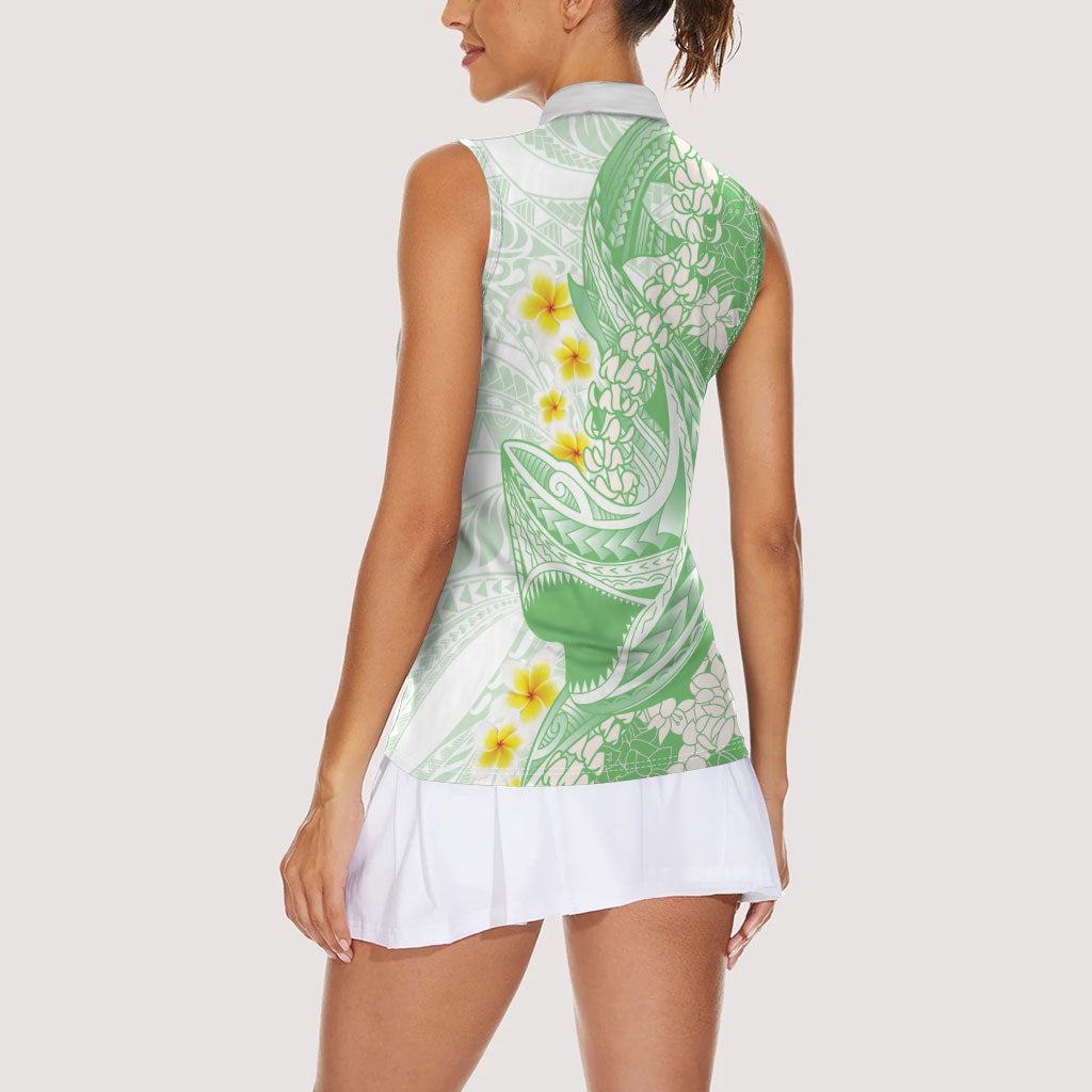 Green Hawaii Shark Tattoo Women Sleeveless Polo Shirt Puakenikeni Lei Plumeria Polynesian Pattern