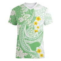 Green Hawaii Shark Tattoo Women V-Neck T-Shirt Puakenikeni Lei Plumeria Polynesian Pattern
