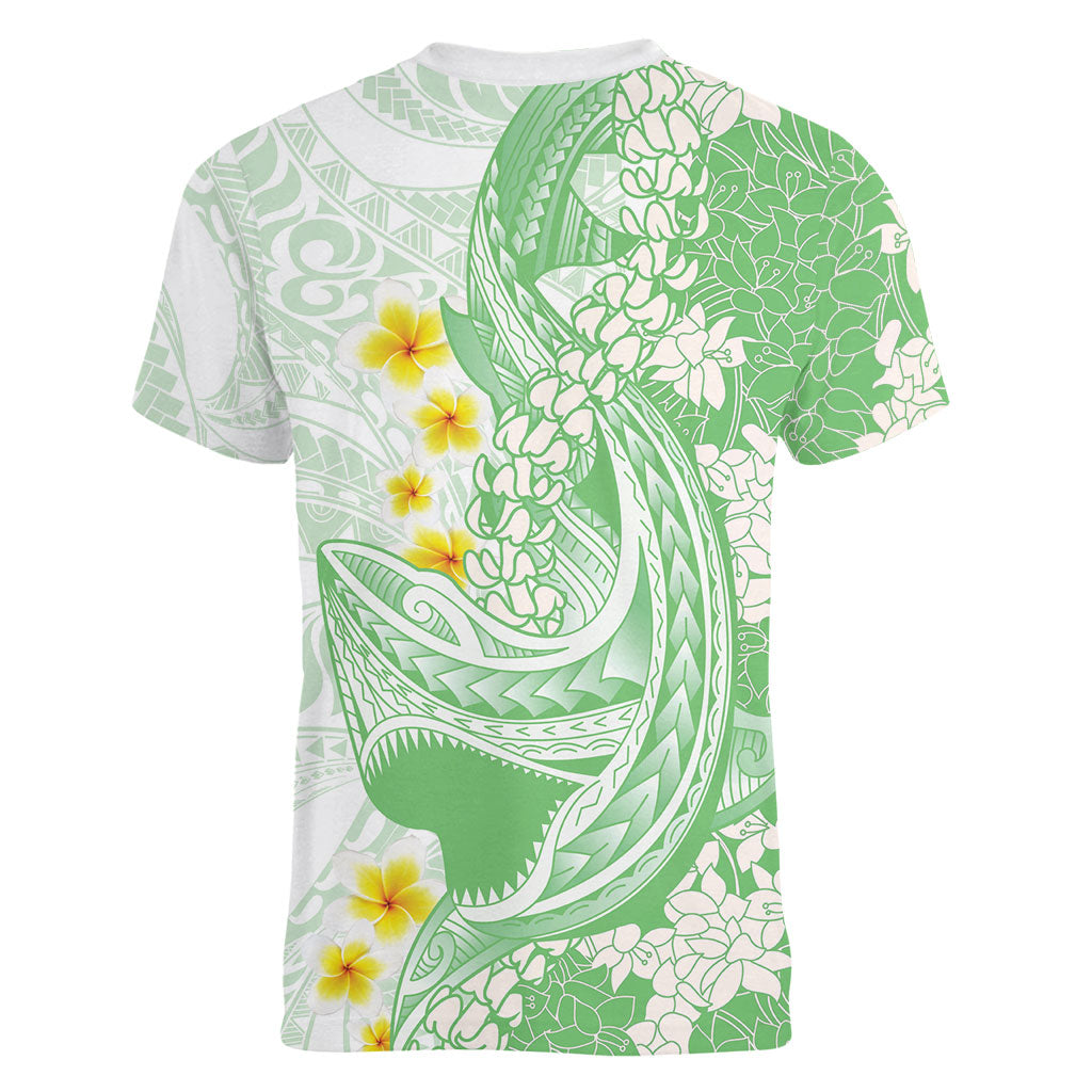Green Hawaii Shark Tattoo Women V-Neck T-Shirt Puakenikeni Lei Plumeria Polynesian Pattern