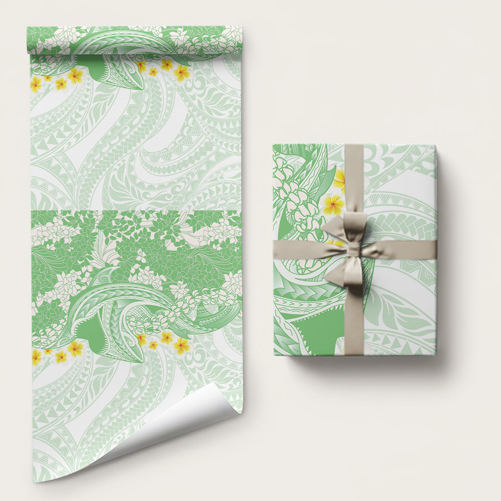 Green Hawaii Shark Tattoo Wrapping Paper Puakenikeni Lei Plumeria Polynesian Pattern