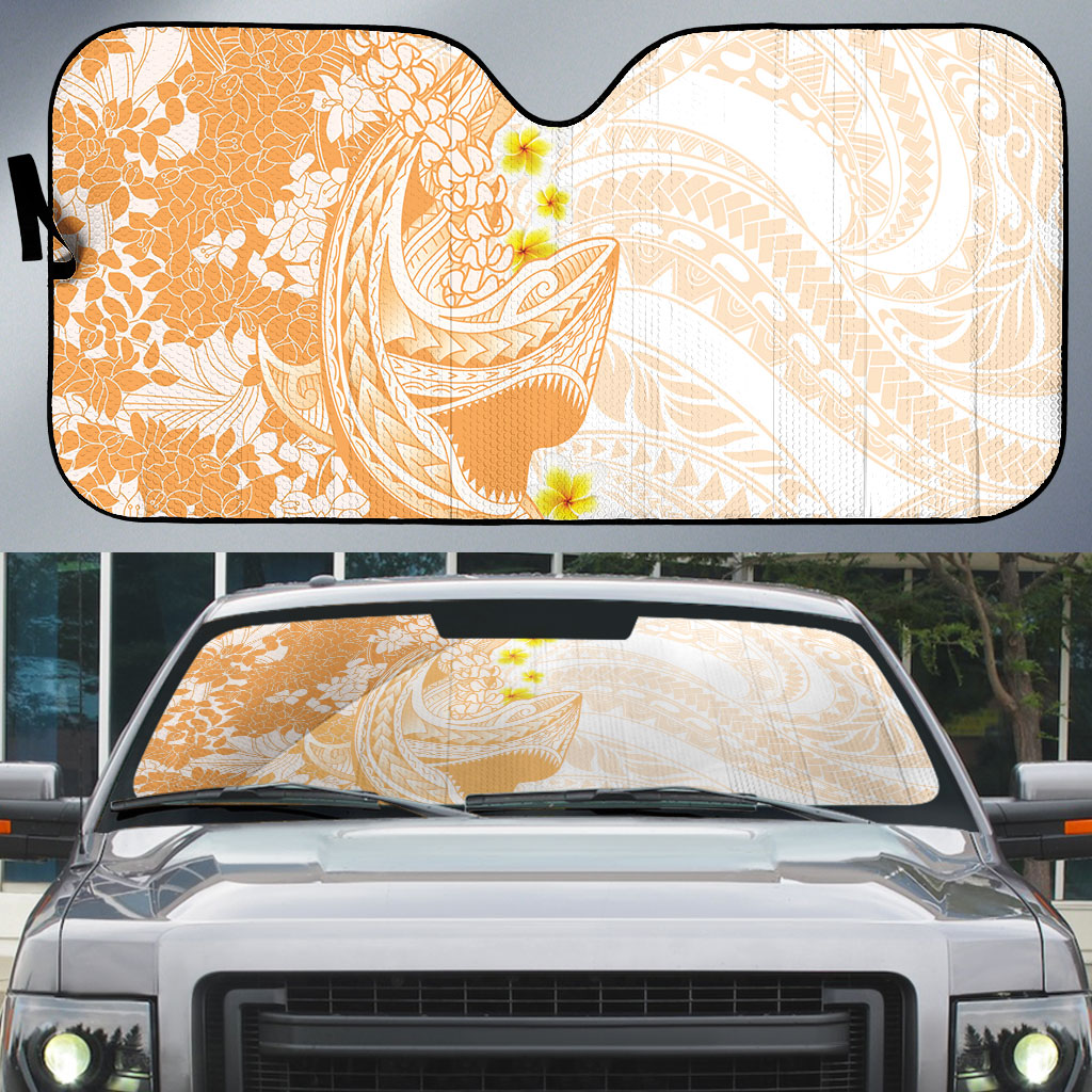 Orange Hawaii Shark Tattoo Auto Sun Shade Puakenikeni Lei Plumeria Polynesian Pattern