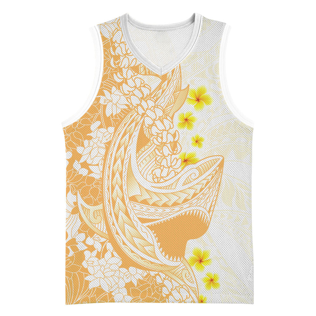 Orange Hawaii Shark Tattoo Basketball Jersey Puakenikeni Lei Plumeria Polynesian Pattern