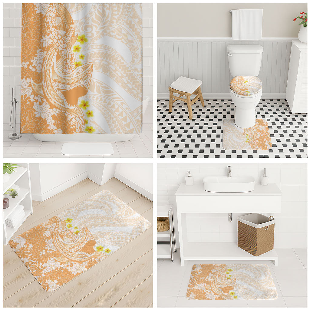 Orange Hawaii Shark Tattoo Bathroom Set Puakenikeni Lei Plumeria Polynesian Pattern