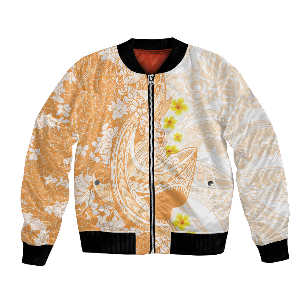 Orange Hawaii Shark Tattoo Bomber Jacket Puakenikeni Lei Plumeria Polynesian Pattern