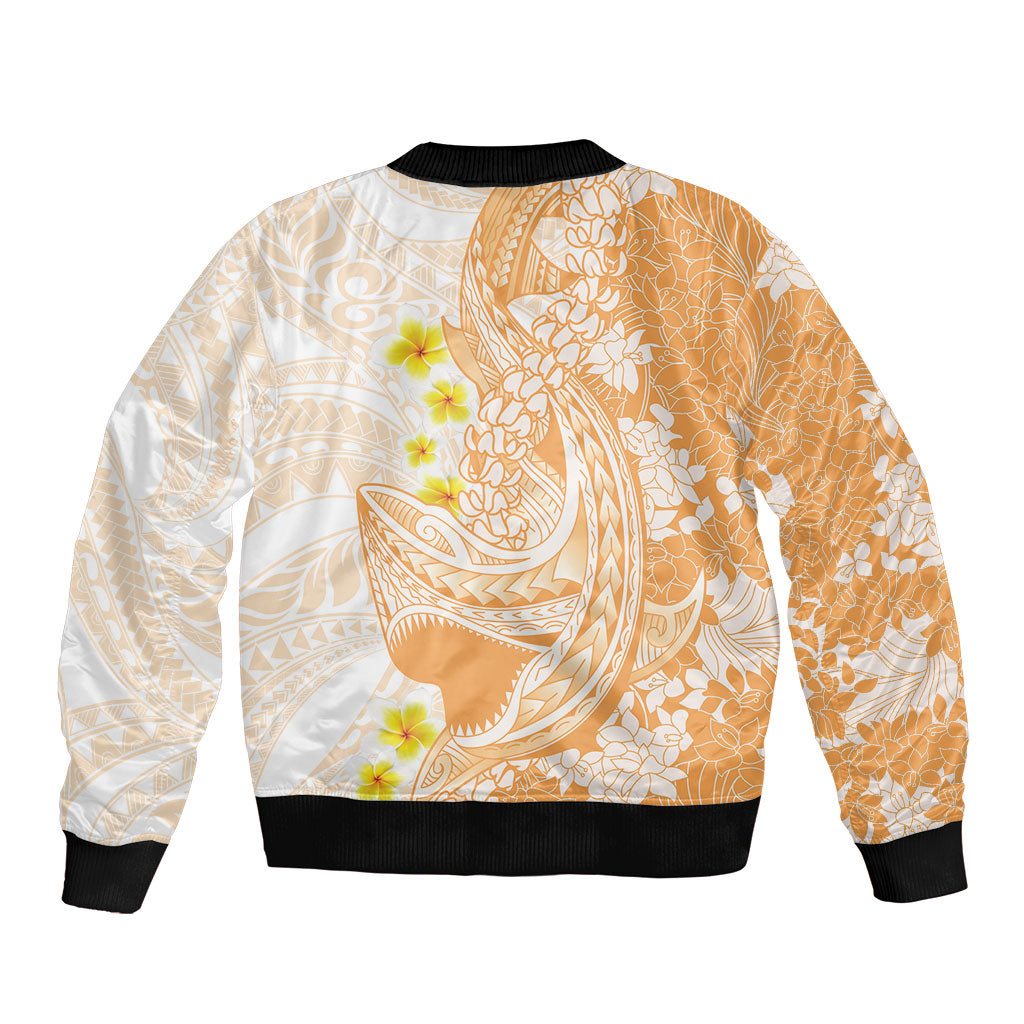 Orange Hawaii Shark Tattoo Bomber Jacket Puakenikeni Lei Plumeria Polynesian Pattern